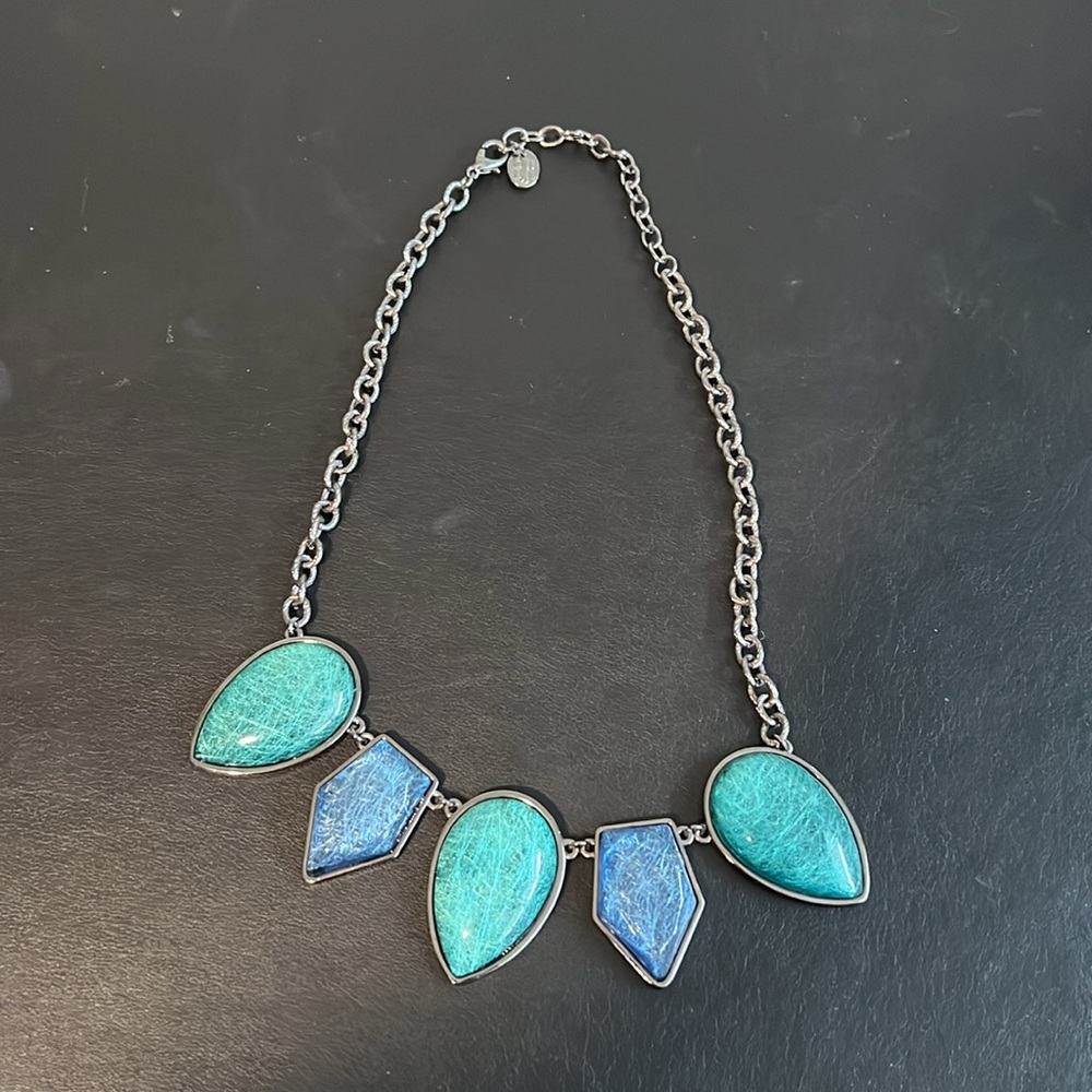 Avant Garde Silver Necklace, Teal and Blue Charms, Lobster Claw Hook Closure